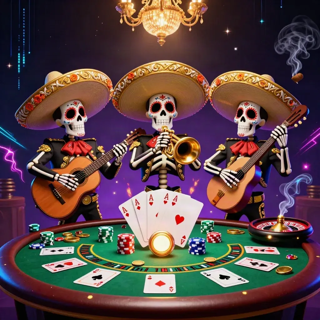 Day-of-the-Dead mariachi skeletons amid casino props, neon energy, and a spinning roulette wheel.