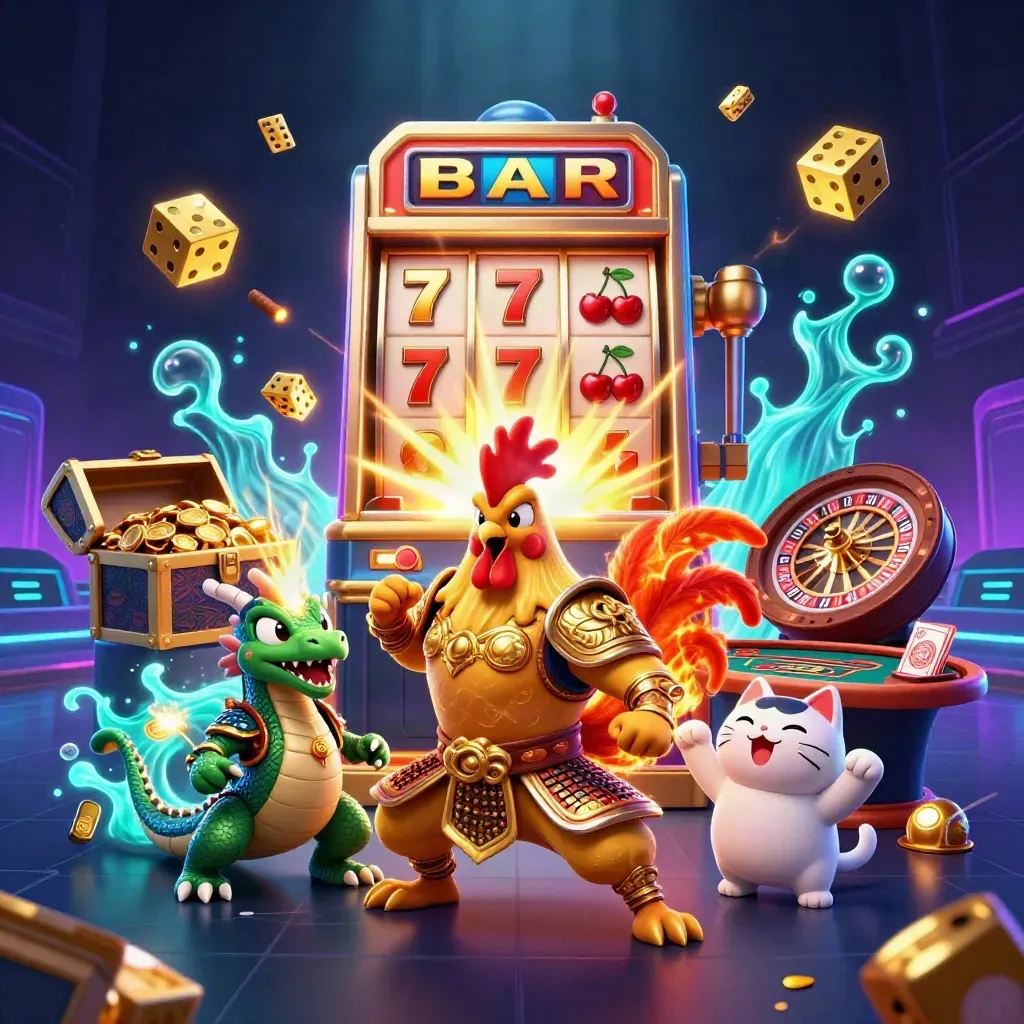 Rooster warrior, dragon hatchling and fortune cat amid casino jackpots and neon glow.