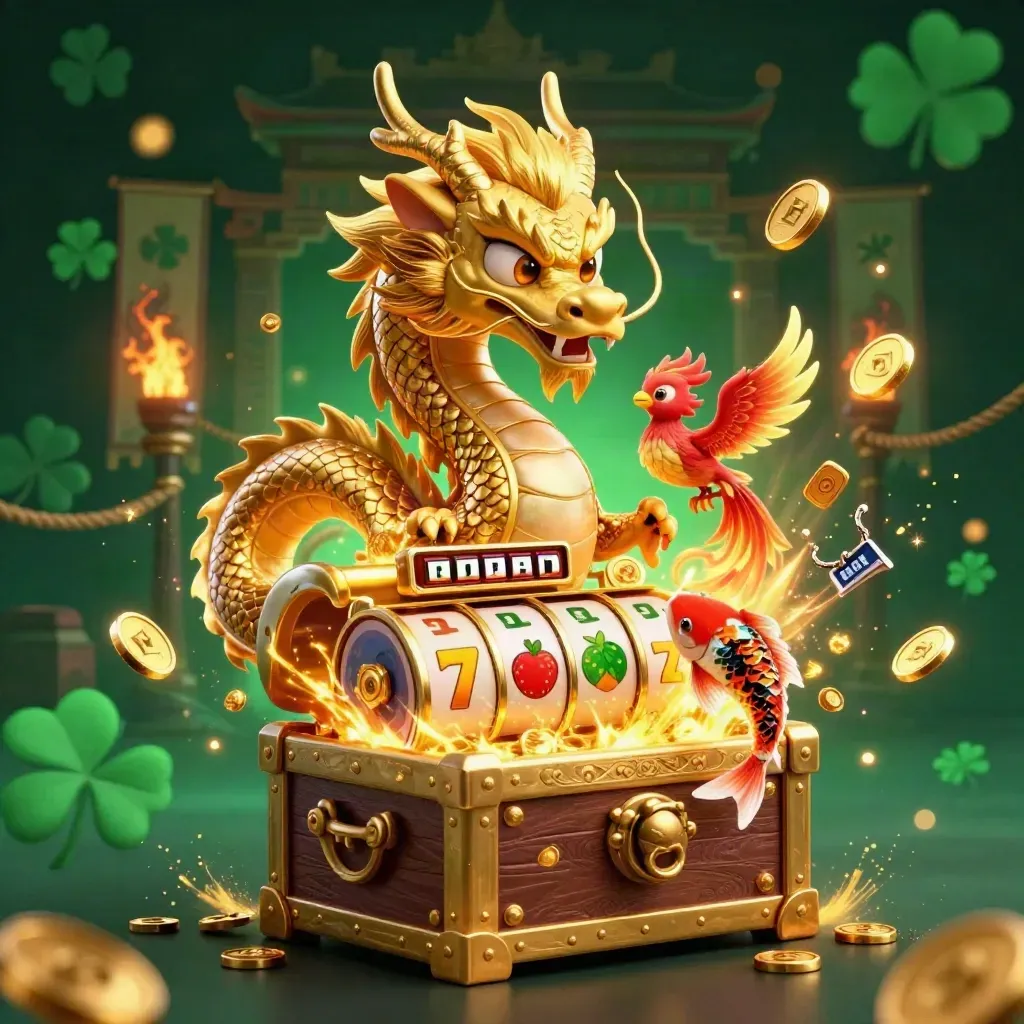 Golden dragon, phoenix, and koi burst from a treasure chest in a neon casino scene.
