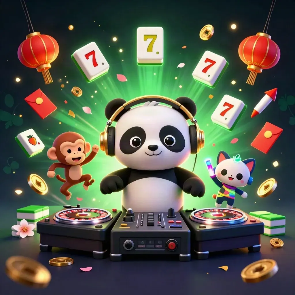 Panda DJ, dancing monkey, and glow kitten burst amid casino treasures in green-gold light.