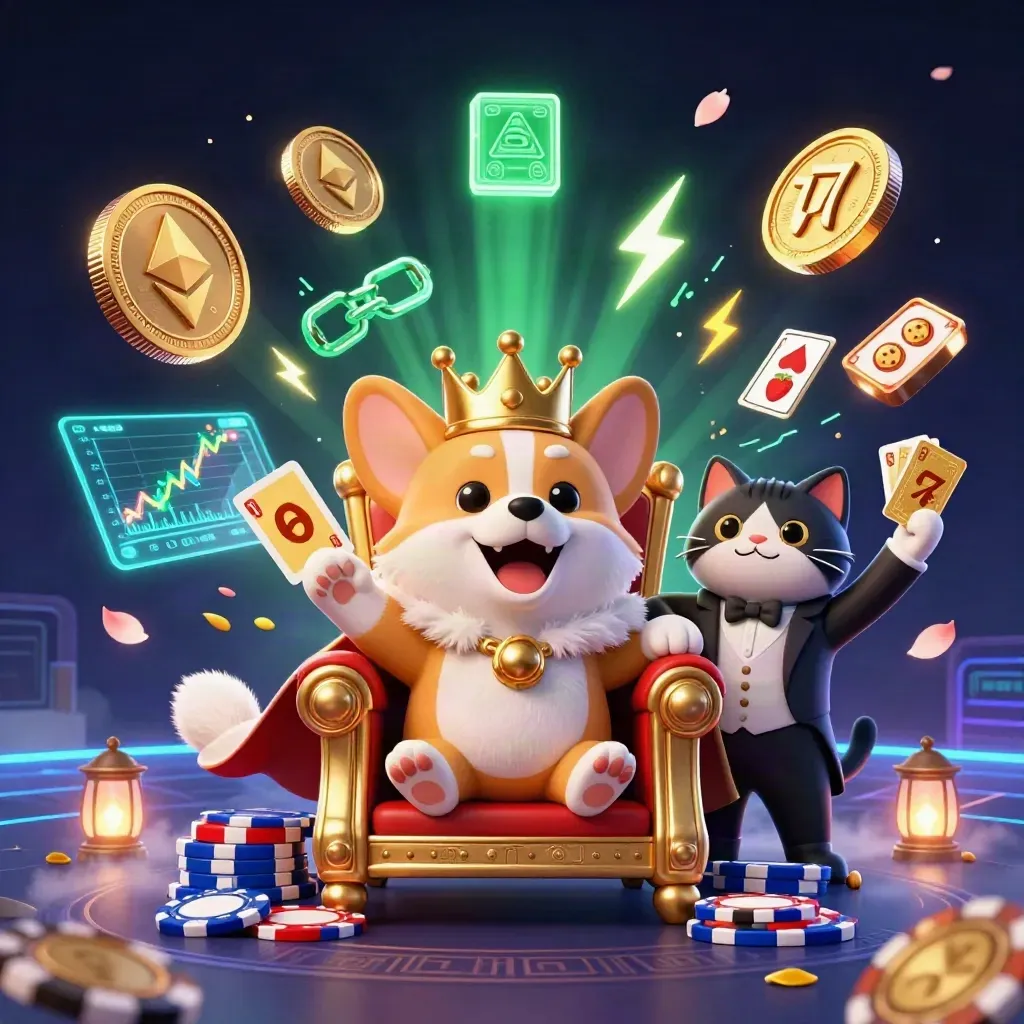 Royal corgi and cat butler on chip throne amid neon crypto and slot effects