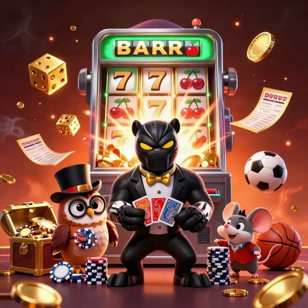 Panther, owl, and mouse amid exploding slot symbols, gold coins, and fireworks.