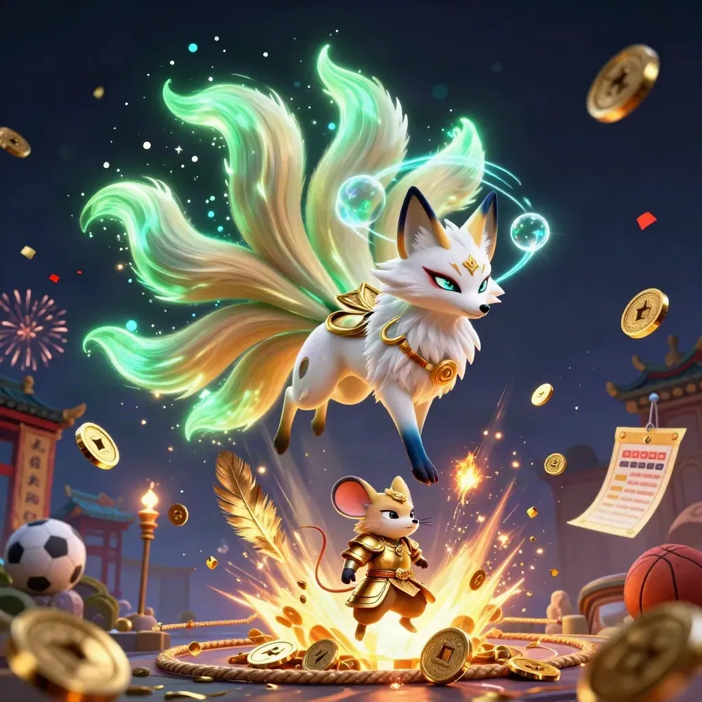 Neon fox spirit and armored mouse amid coins, fireworks, temple gate, and sports props.