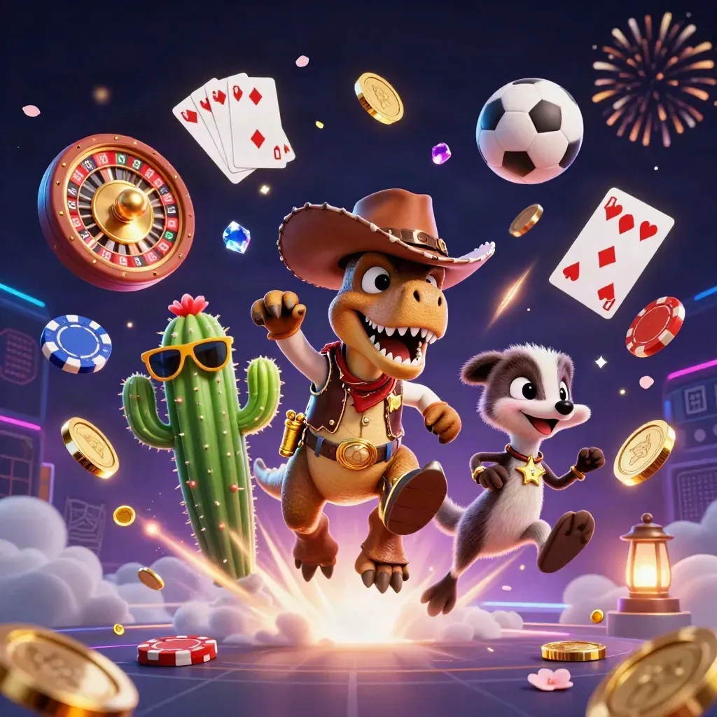 Cowboy T-Rex, cactus, and roadrunner amid coins, cards, chips, and neon casino fireworks.