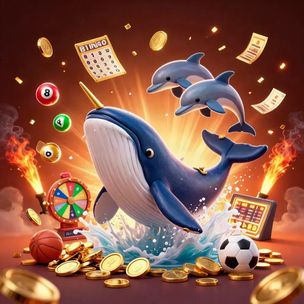 Whale captain, narwhal, dolphins, coins, lottery balls, prize wheel, and sportsbook props bursting in fiery casino key art
