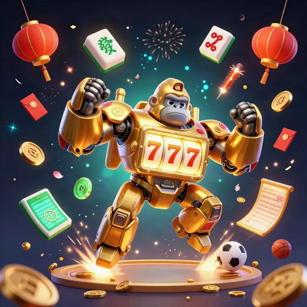 Golden gorilla mech with monkey pilot amid casino confetti, coins, lanterns, and sports icons
