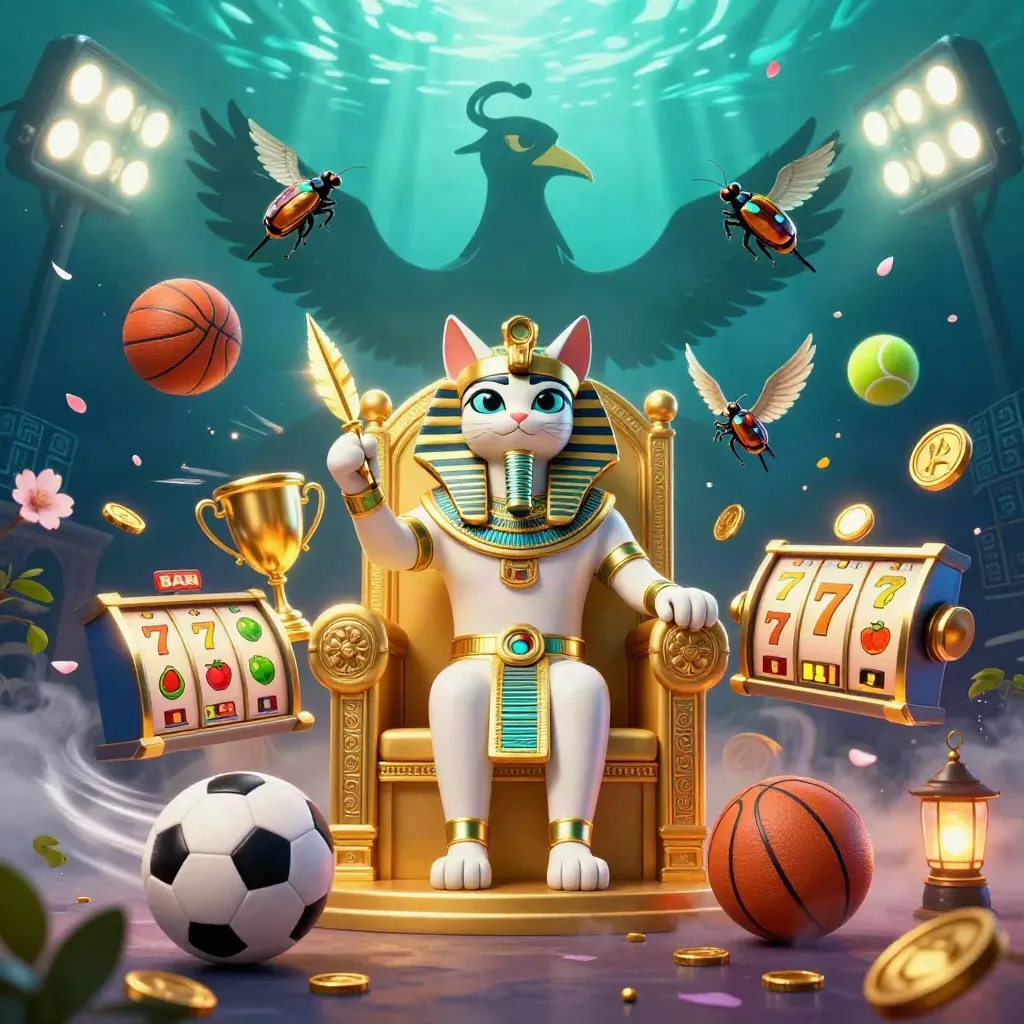 Pharaoh cat on a golden throne with ibis scribe, scarabs, sports balls, coins, and glowing casino effects.