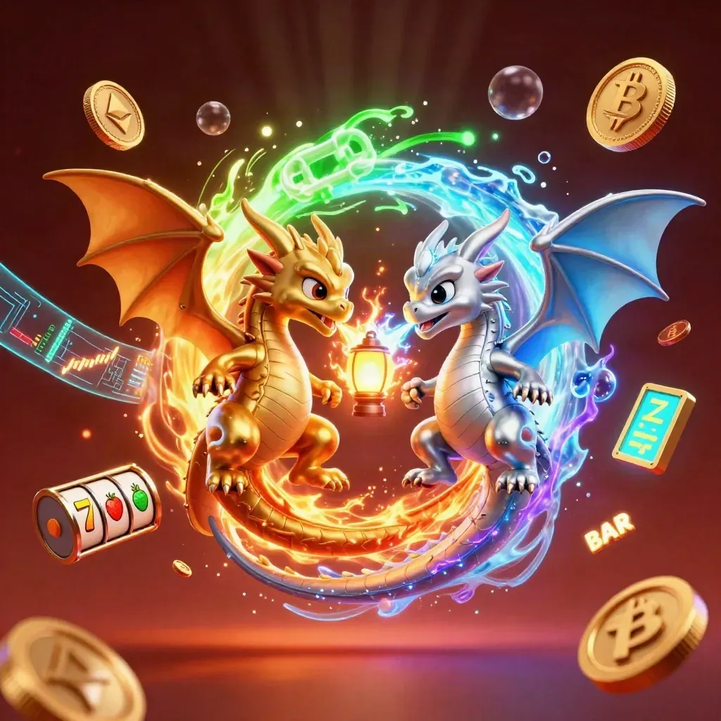 Gold and silver dragons spiral around a lantern spirit, with coins, reels and electric effects.