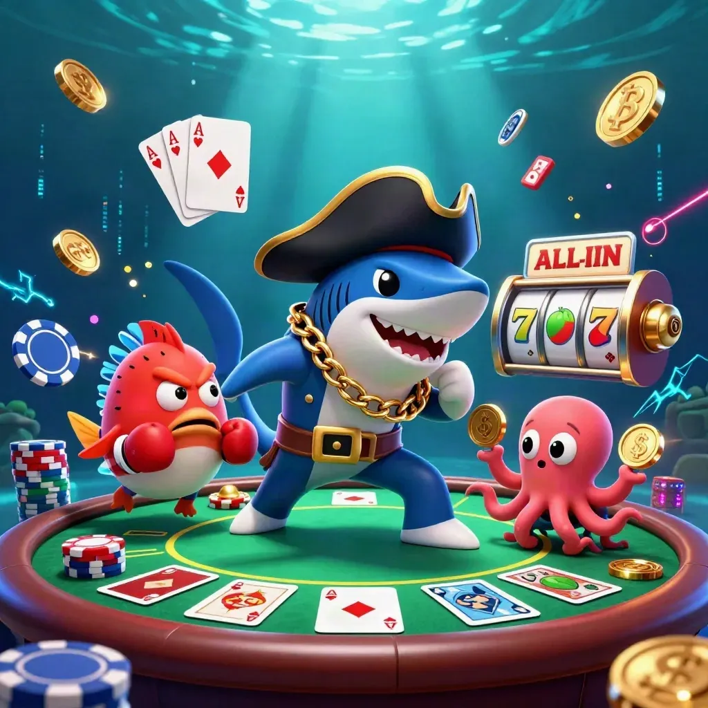 Pirate shark, boxing pufferfish, and juggling octopus amid casino chips underwater