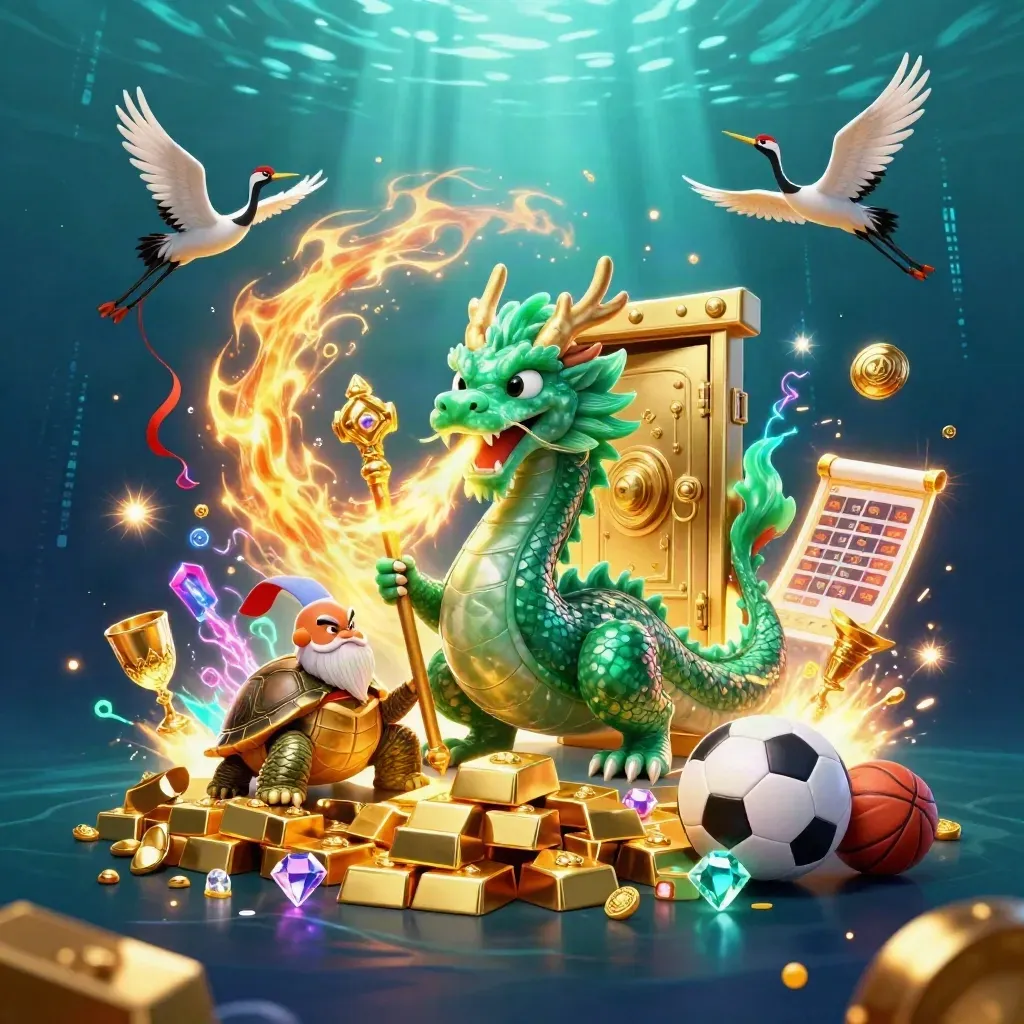Jade dragon, turtle sage, and cranes with vault gold, gems, and neon casino energy.