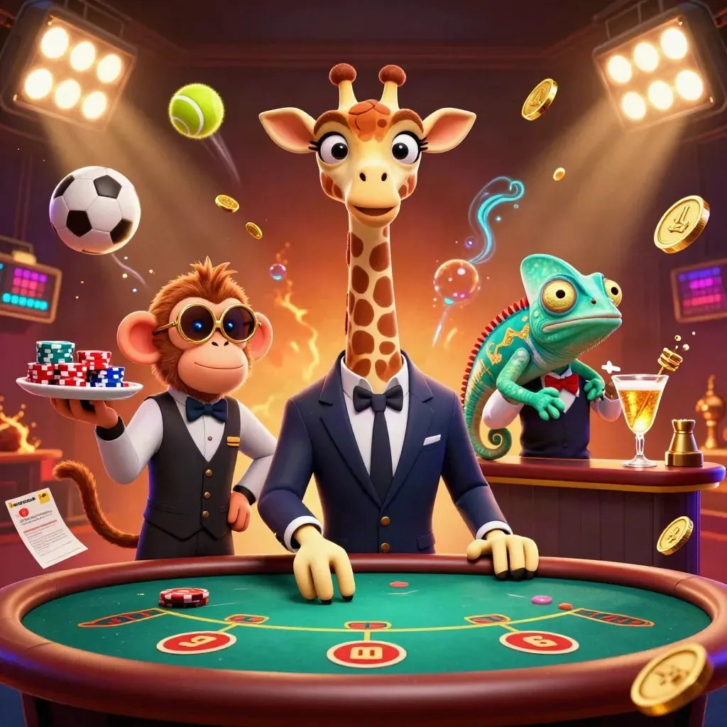Three cartoon casino mascots at a poker table with flying balls, coins and glowing lights.