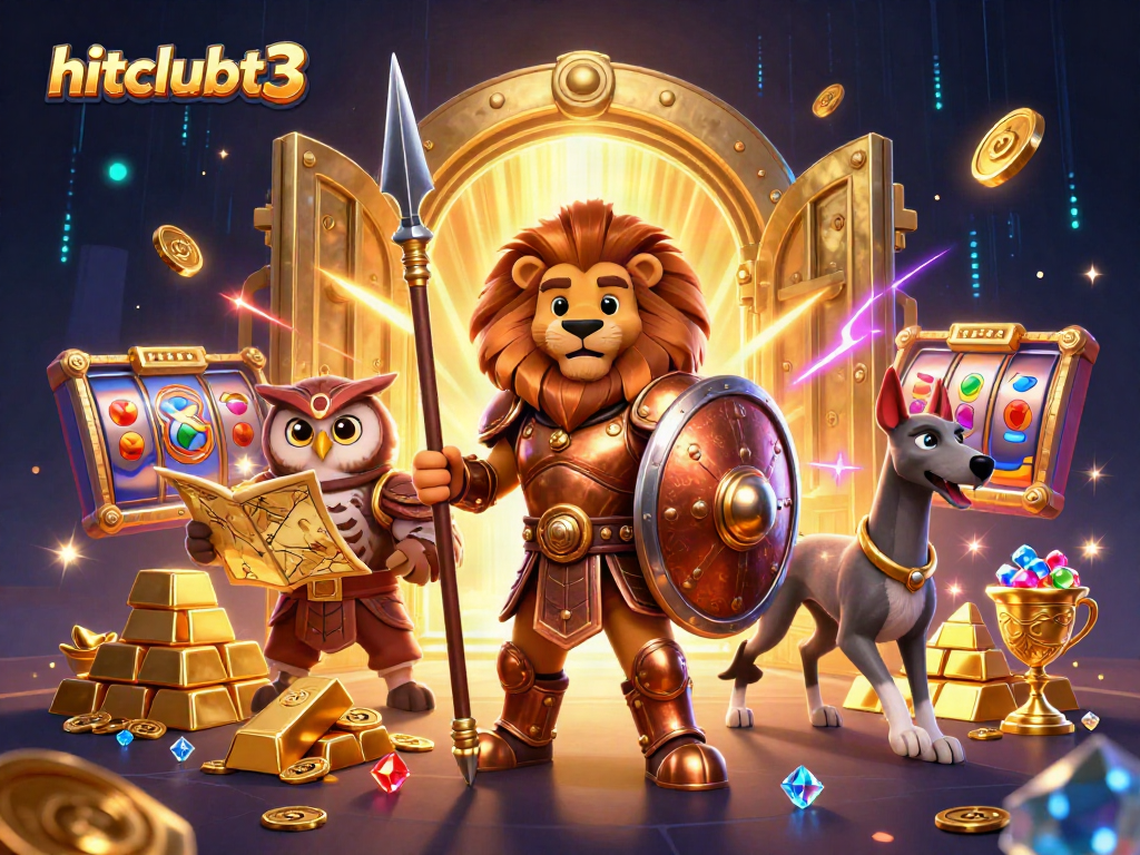 Engage with hitclubt3 through a vibrant 3D scene of a heroic lion and owl amidst golden treasures, and slot game elements.