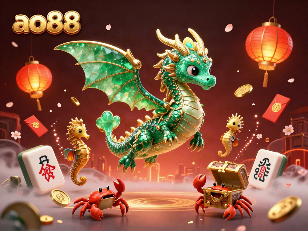 Catch exciting moments at ao88 with a vibrant 3D illustration featuring a magical sea dragon and treasures.