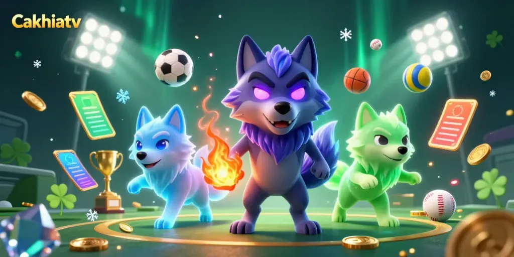 Cakhiatv sports betting scene featuring a dynamic trio of ghostly wolves and vibrant sports balls.