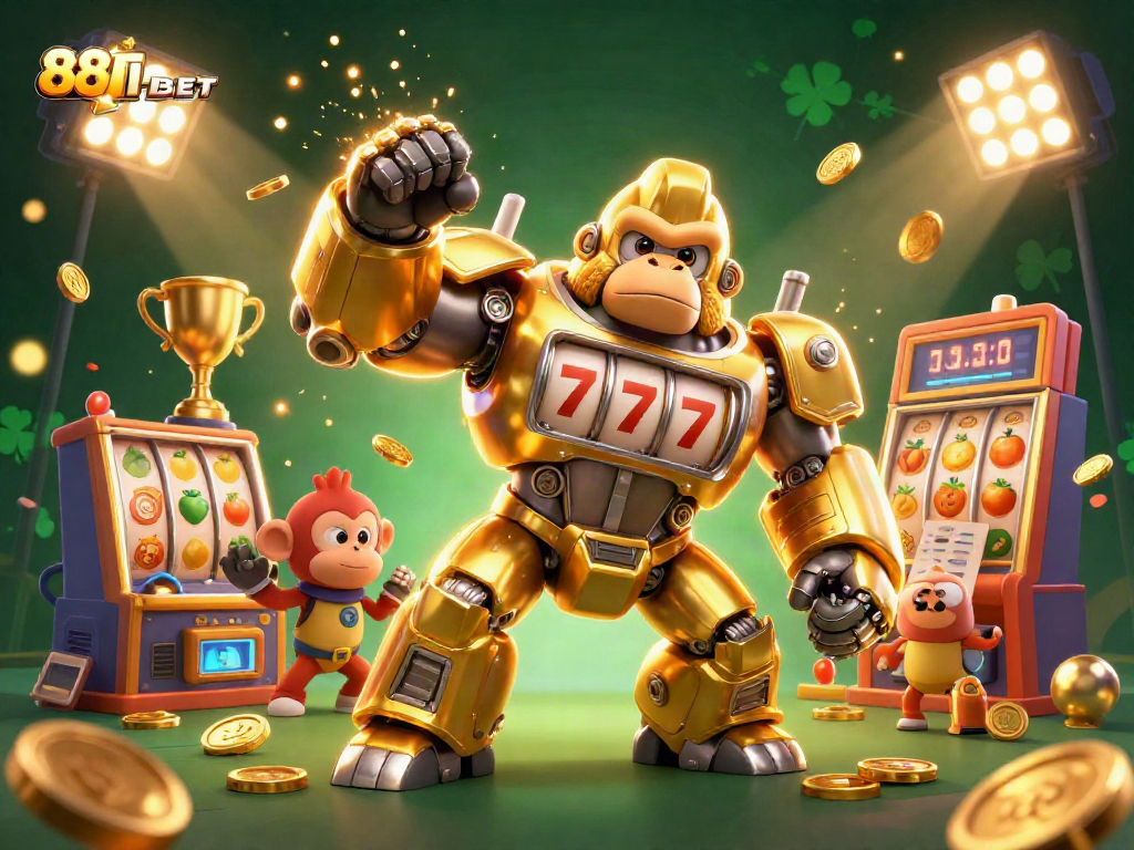 Bet on 88IBET with a vibrant illustration of a golden gorilla mech and slot machine elements.