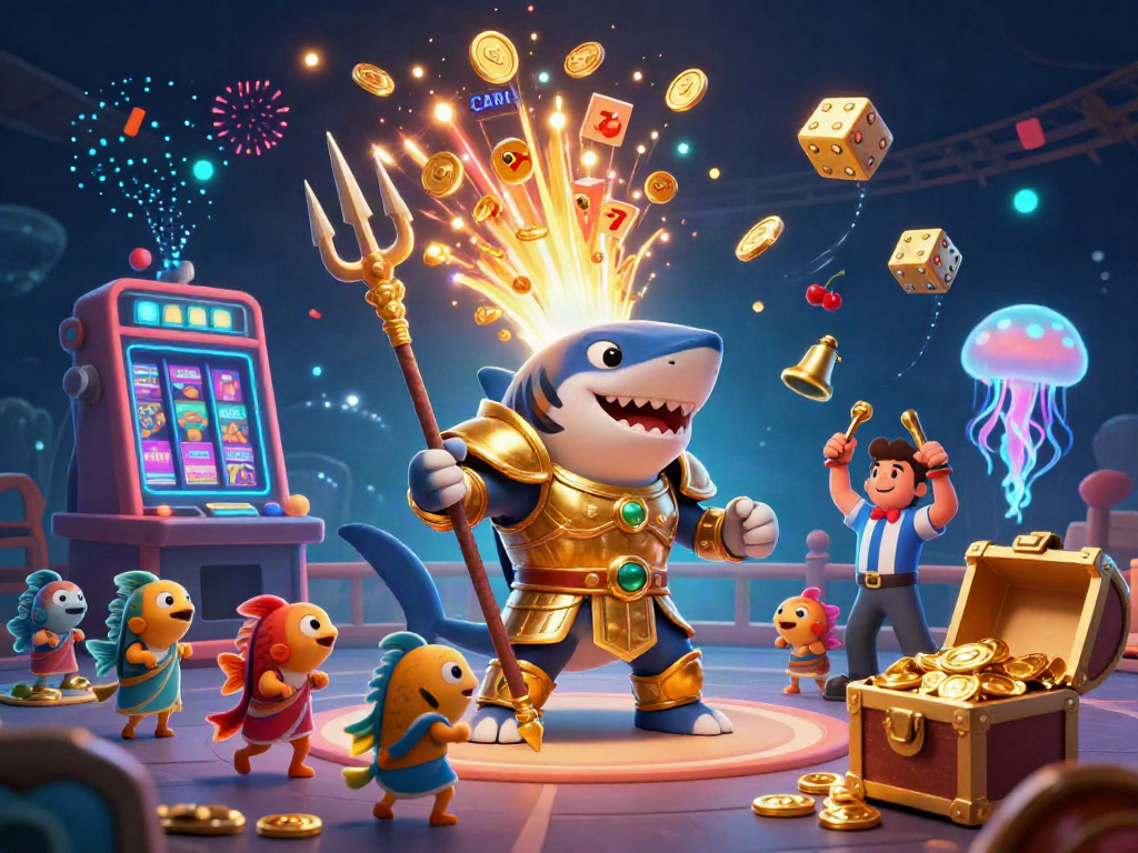 Experience the thrill of Fabet with a vibrant underwater casino scene featuring a tiger shark in gladiator armor.