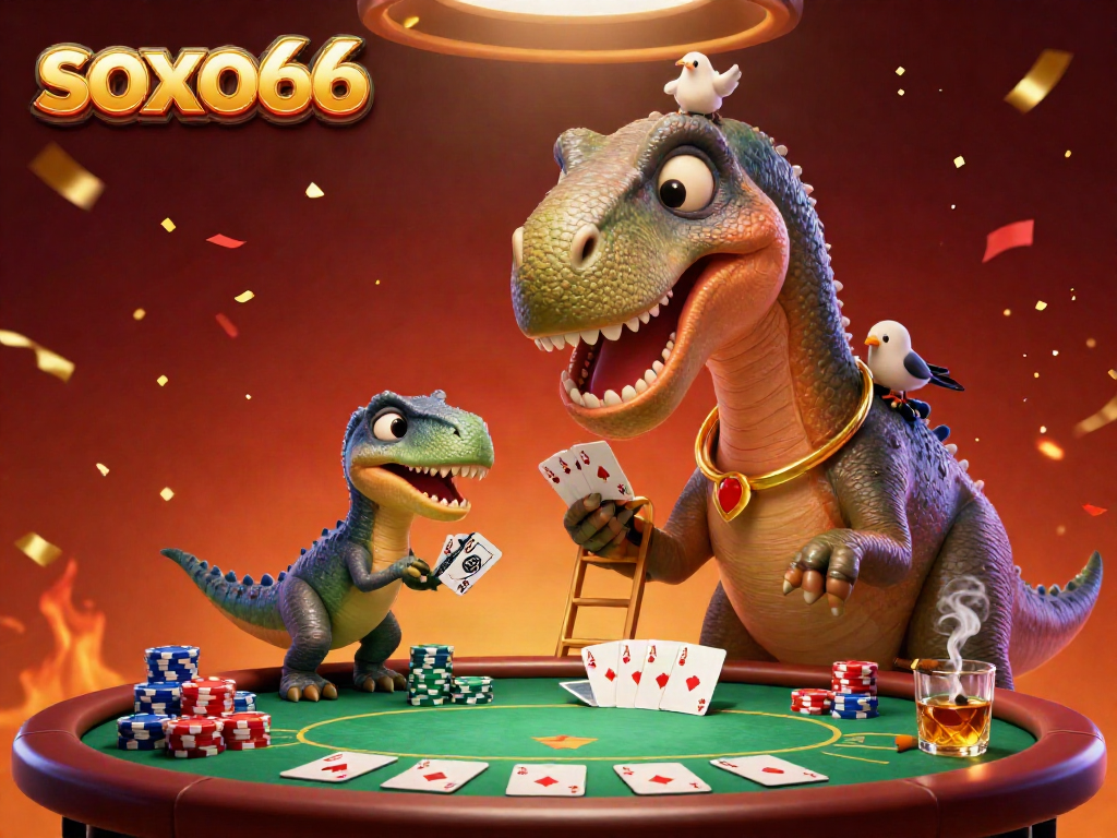 Soxo66 casino scene with a dinosaur dealer and vibrant poker elements.