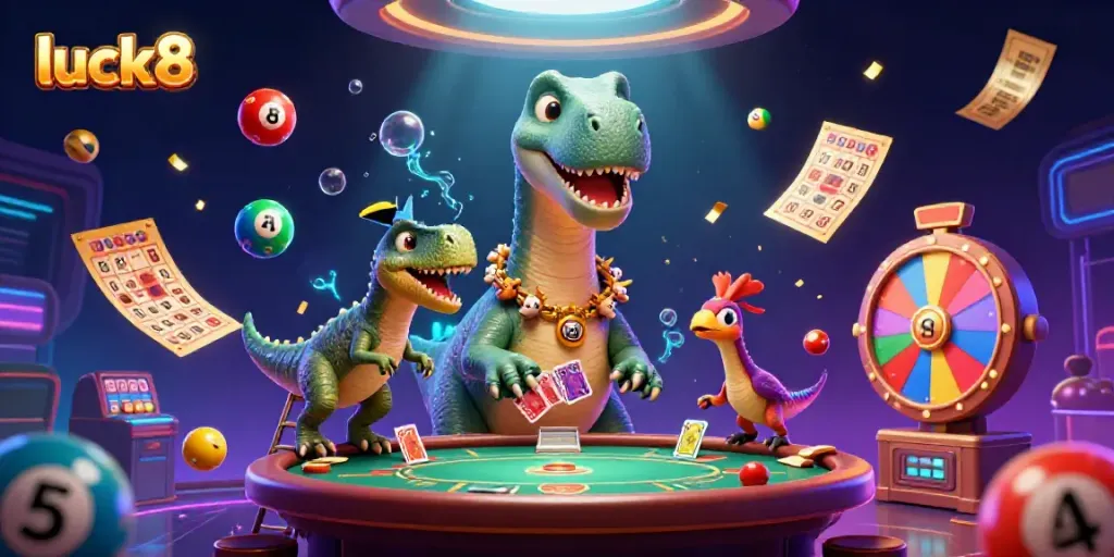Experience luck8 magic with a giant brontosaurus peering into a vibrant casino scene filled with games.