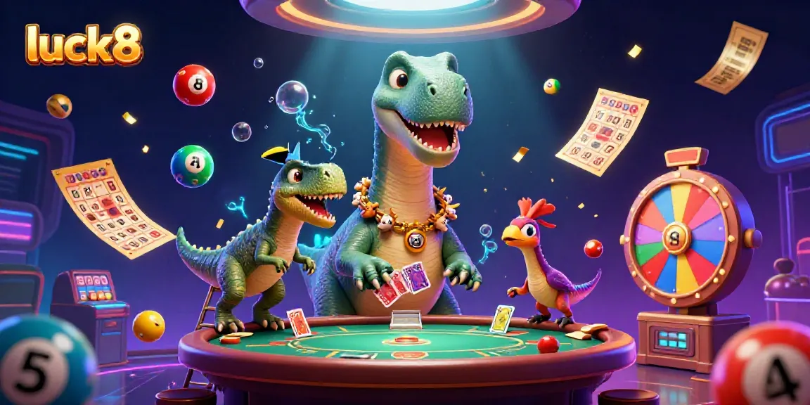 Experience luck8 magic with a giant brontosaurus peering into a vibrant casino scene filled with games.