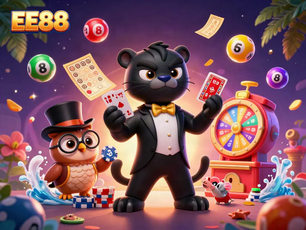 Play innovative games with EE88, featuring a stylish panther dealer surrounded by vibrant casino elements.