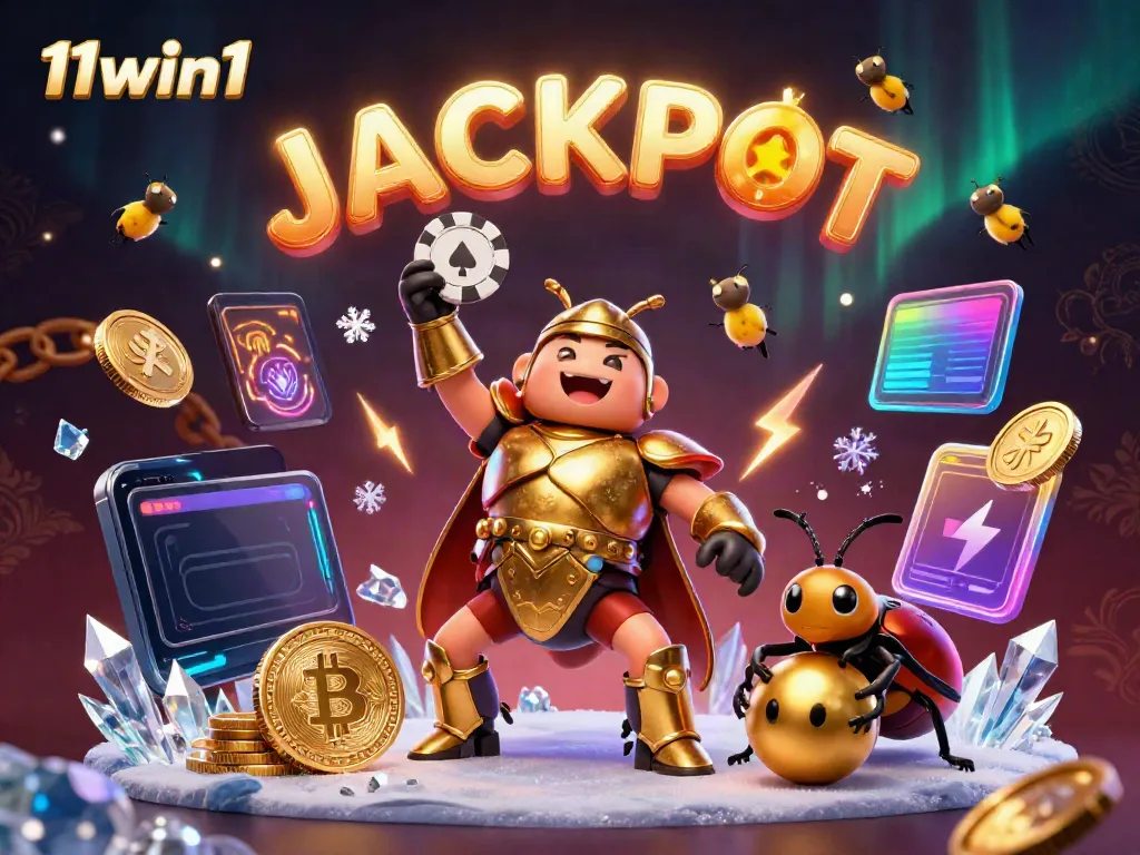 Engaging hercules beetle lifts a poker chip in victory at 11win1 casino with neon crypto elements.