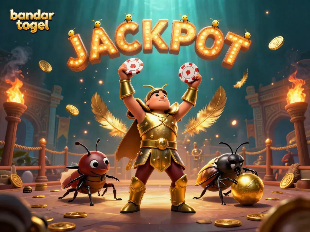Bettors celebrate a bandar togel win with a hercules beetle in armor lifting a poker chip under glowing lights.