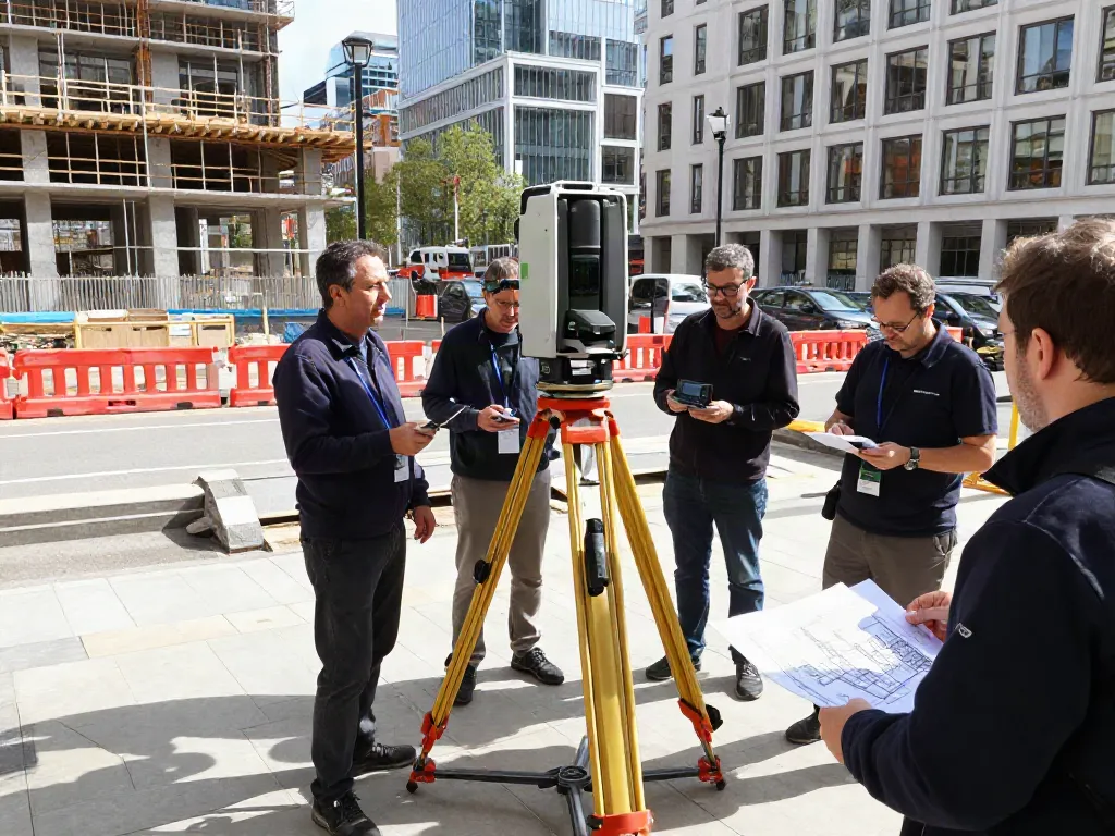 3D Laser Scanning London: Professional surveyors capturing urban architectural details with advanced laser scanning equipment.