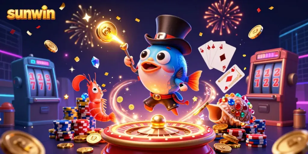 Engaging scene depicting the sunwin online casino with cartoon anglerfish, pirate shrimp, and sea snail attracting golden coins and gems.