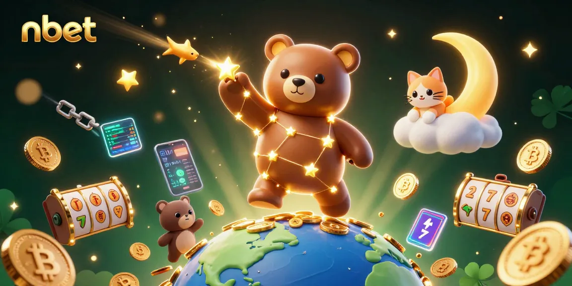 Engage with nbet's vibrant casino illustration showcasing a cartoon bear collecting gold coins.
