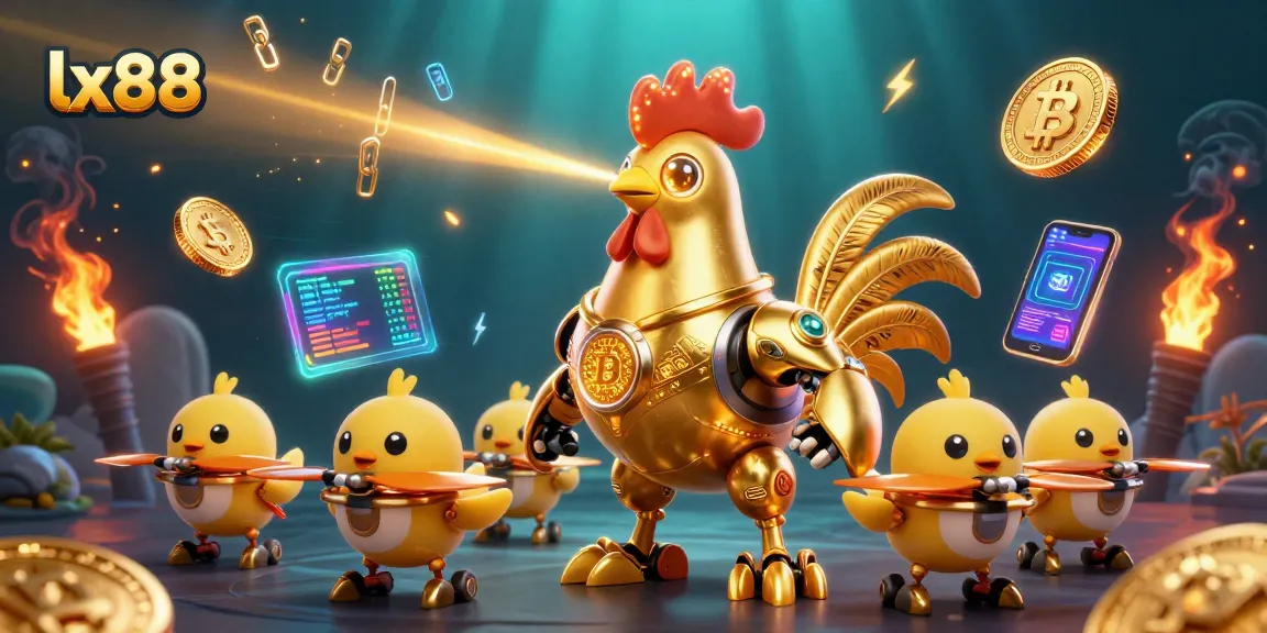 Engage in thrilling gaming at lx88 with a scene of golden rooster robot and crypto coins.