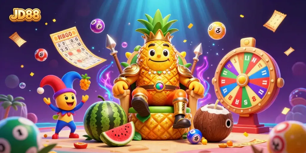 Engage in thrilling gameplay at JD88 with the vibrant 3D casino scene featuring lively characters and exciting elements.
