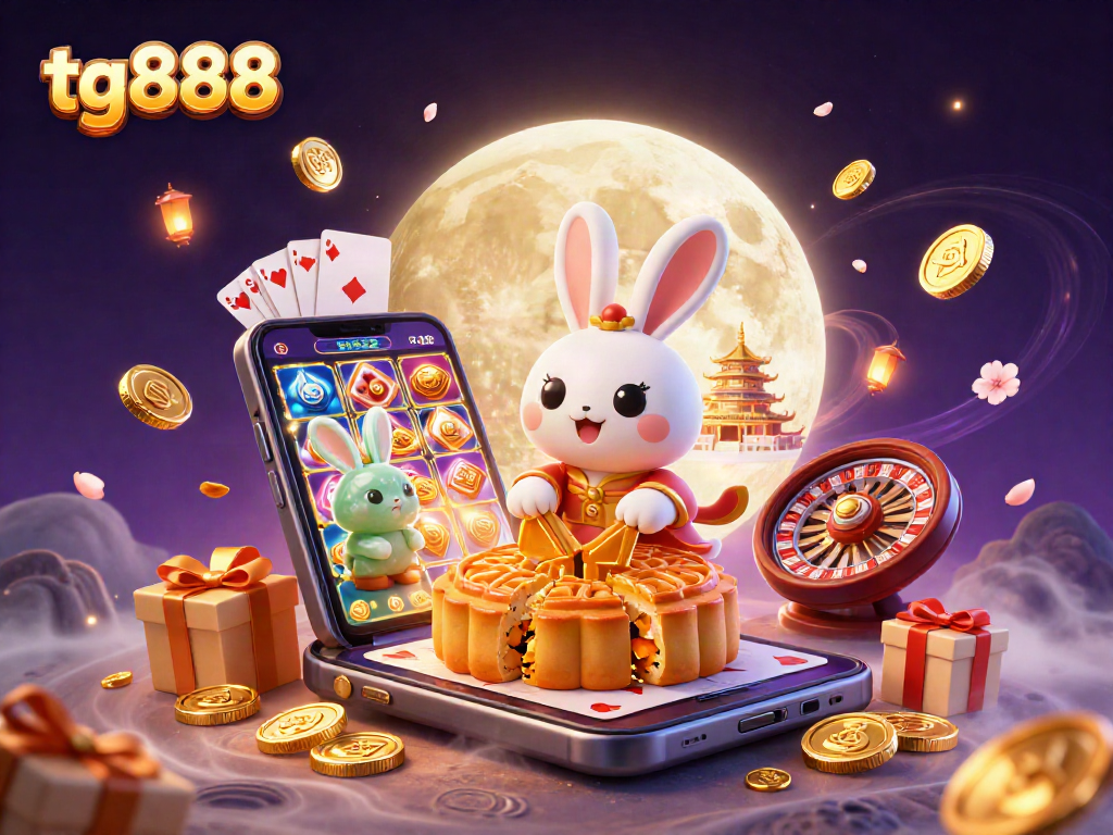 tg888 showcases a colorful casino scene with a moon rabbit, poker chips, and slot game elements.