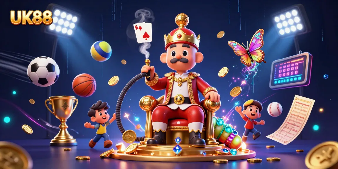 Engage with UK88's thrilling gaming atmosphere featuring sports elements and colorful casino symbols.
