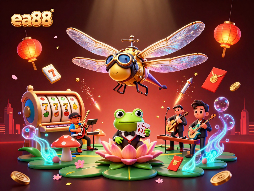 Experience the vibrant energy of ea88 with spinning slot reels and lively casino characters