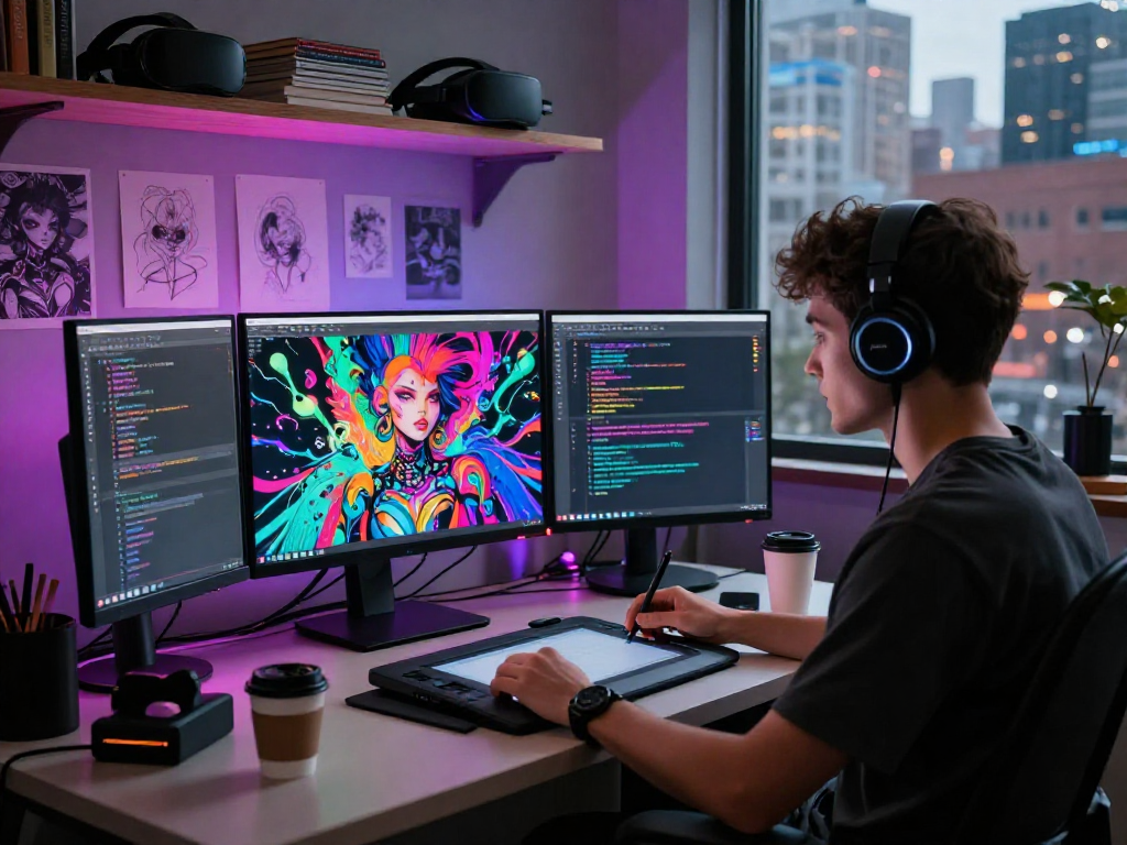 Creating innovative nsfw ai art in a vibrant digital studio.