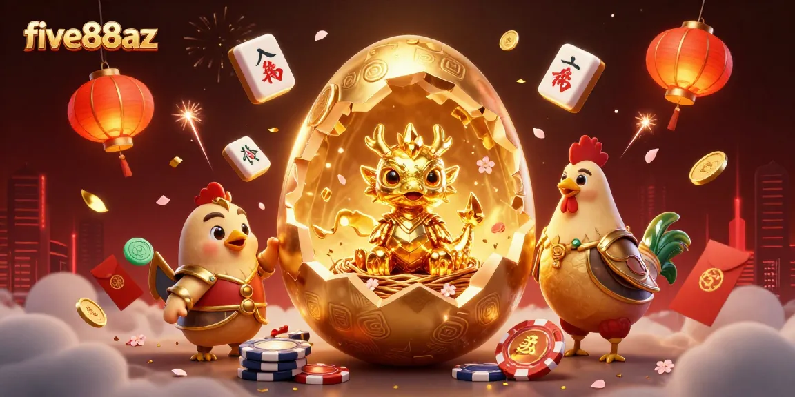 Engage with five88az as the golden dragon reveals a treasure nest amidst festive casino elements.