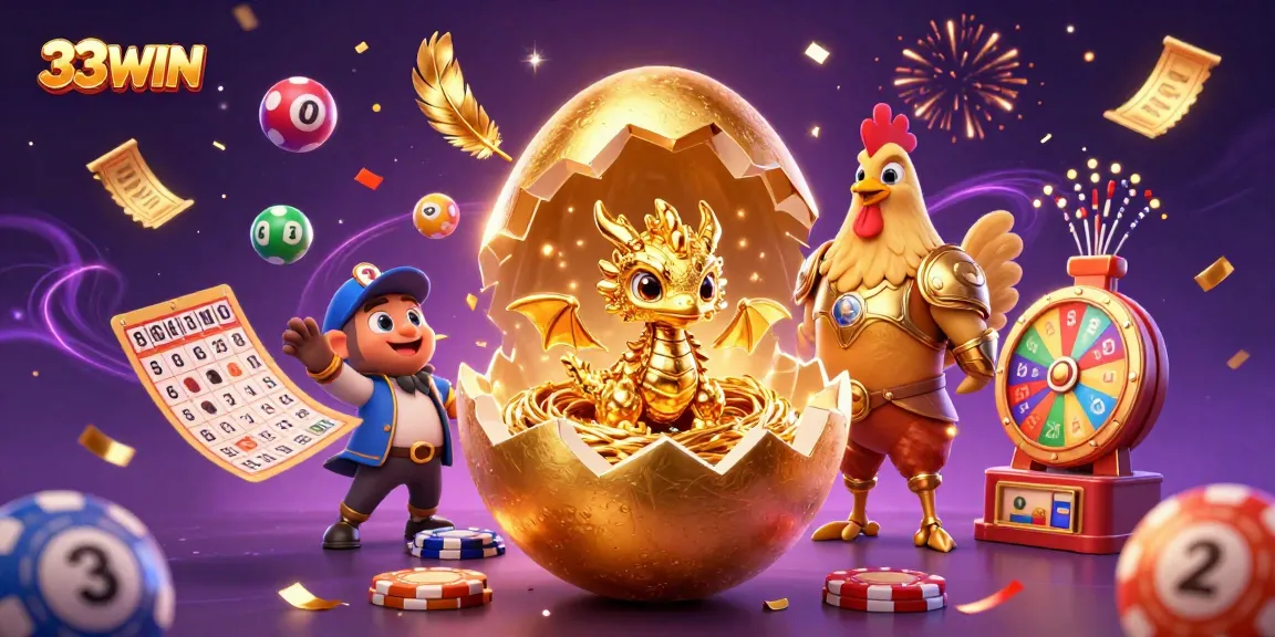 Win big at 33WIN with thrilling lottery elements and a gold baby dragon illustration.