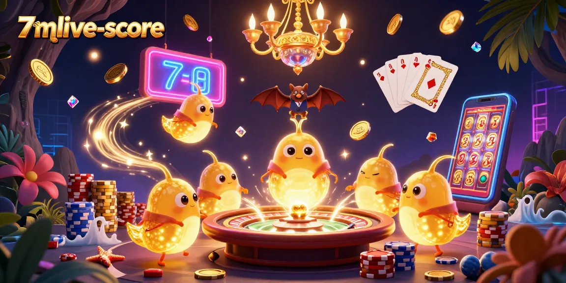 Engage with 7mlive-score at a vibrant casino scene featuring glowworms and dynamic gaming elements.