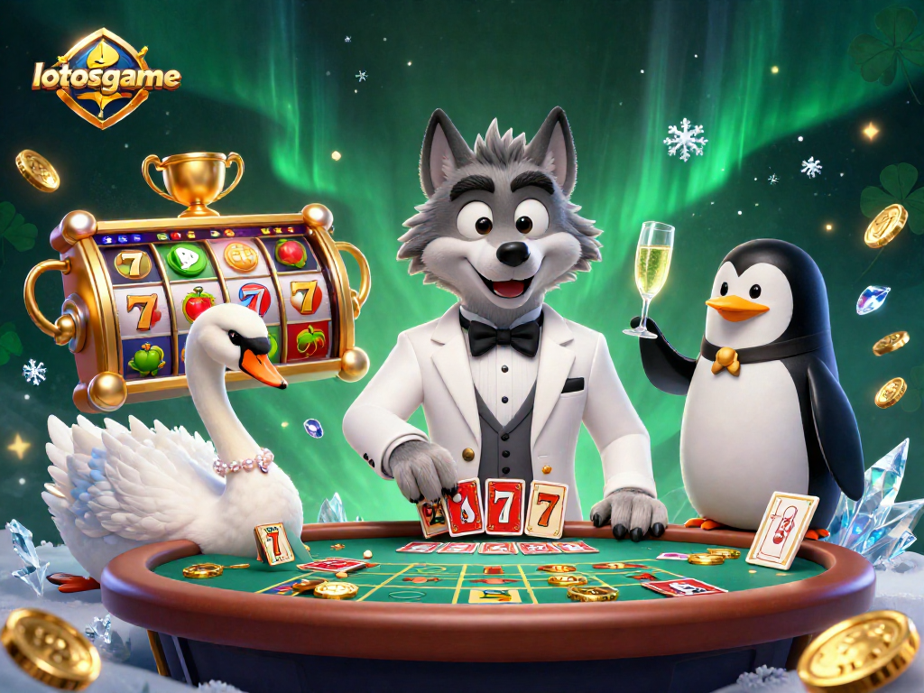 Play at lotosgame with a debonair wolf, elegant swan, and penguin, surrounded by vibrant slot reels.