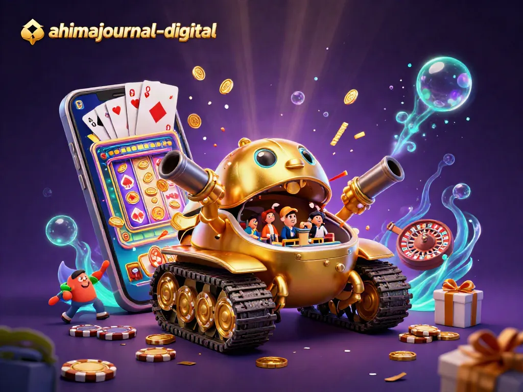 Engage with ahimajournal-digital's captivating casino scene showcasing a playful beetle tank with mini patrons and vibrant game elements.