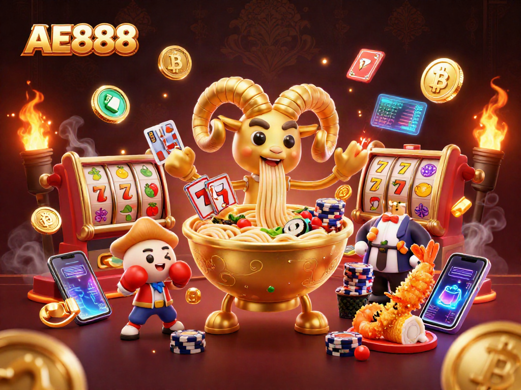 Engage with AE888's vibrant casino scene featuring animated characters, slot games, and crypto elements.