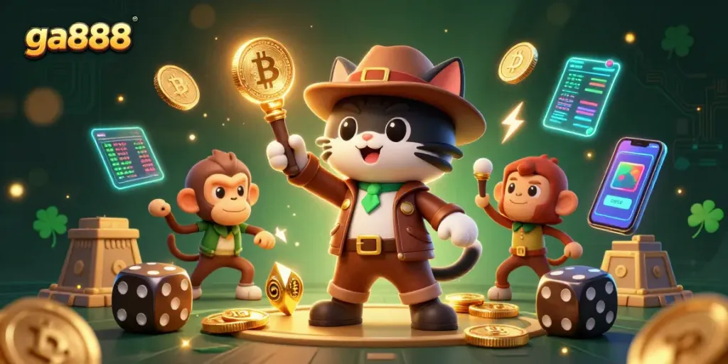 Engage with ga888's thrilling adventure featuring a 3D cat archaeologist in a vibrant casino scene.