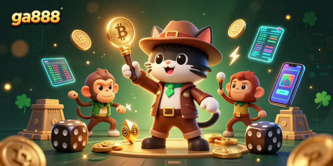 Engage with ga888's thrilling adventure featuring a 3D cat archaeologist in a vibrant casino scene.