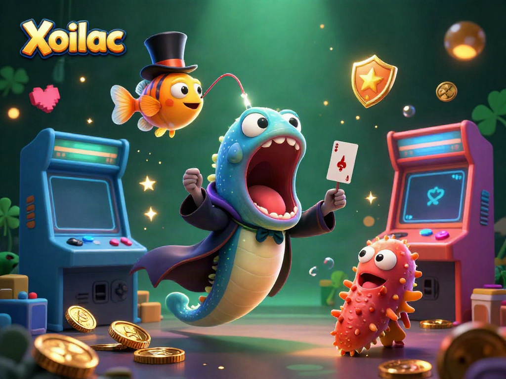Xoilac features a deep-sea gulper eel magician showcasing captivating card tricks amidst vibrant casino-themed elements.