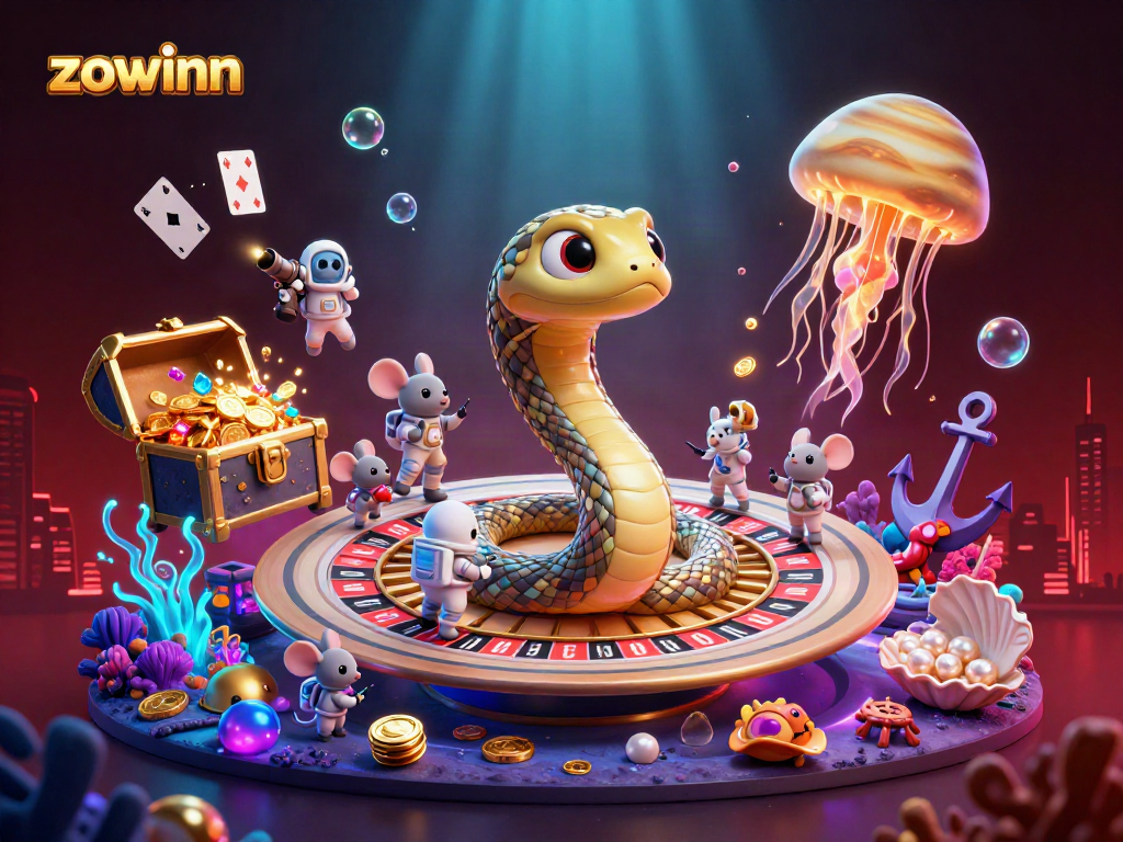 Experience the thrill of zowinn with a vibrant 3D casino scene, showcasing betting on a roulette-like planet.