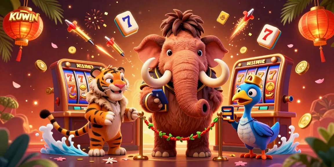 Experience the excitement of KUWIN with a vibrant 3D casino scene featuring a woolly mammoth bouncer and lucky jackpot symbols.