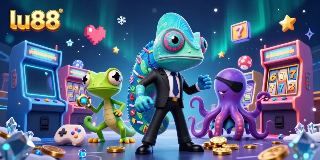 Experience excitement at LU88 with vivid characters and vibrant gaming elements in a bustling casino scene.