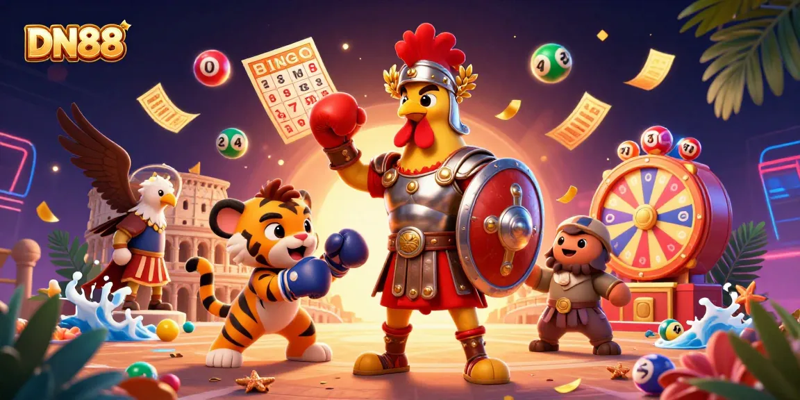 Engage with DN88's vibrant 3D casino experience, showcasing animated characters, lottery dynamics, and game excitement.
