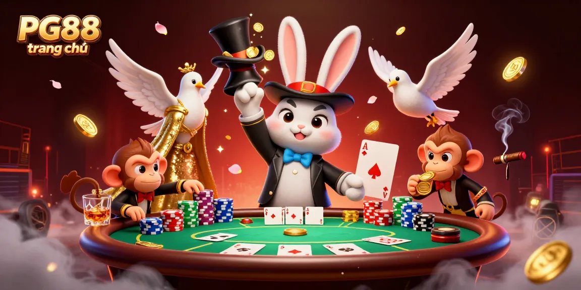 Experience the thrill of PG88 trang chủ with a cartoon magician enchanting gold coins amidst poker excitement.