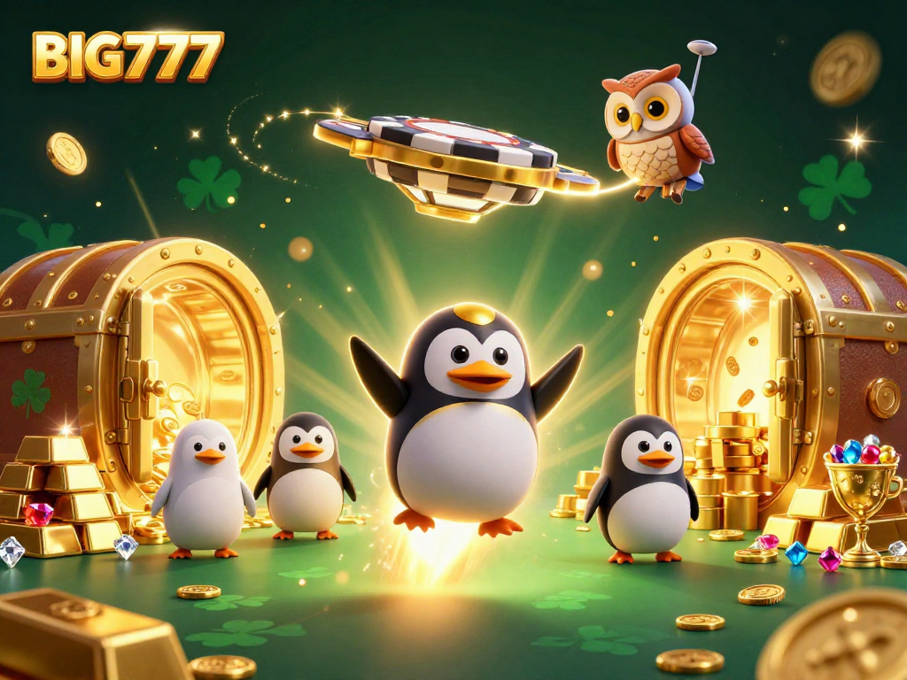 Big777 casino adventure with a golden penguin racing towards a poker chip space station.